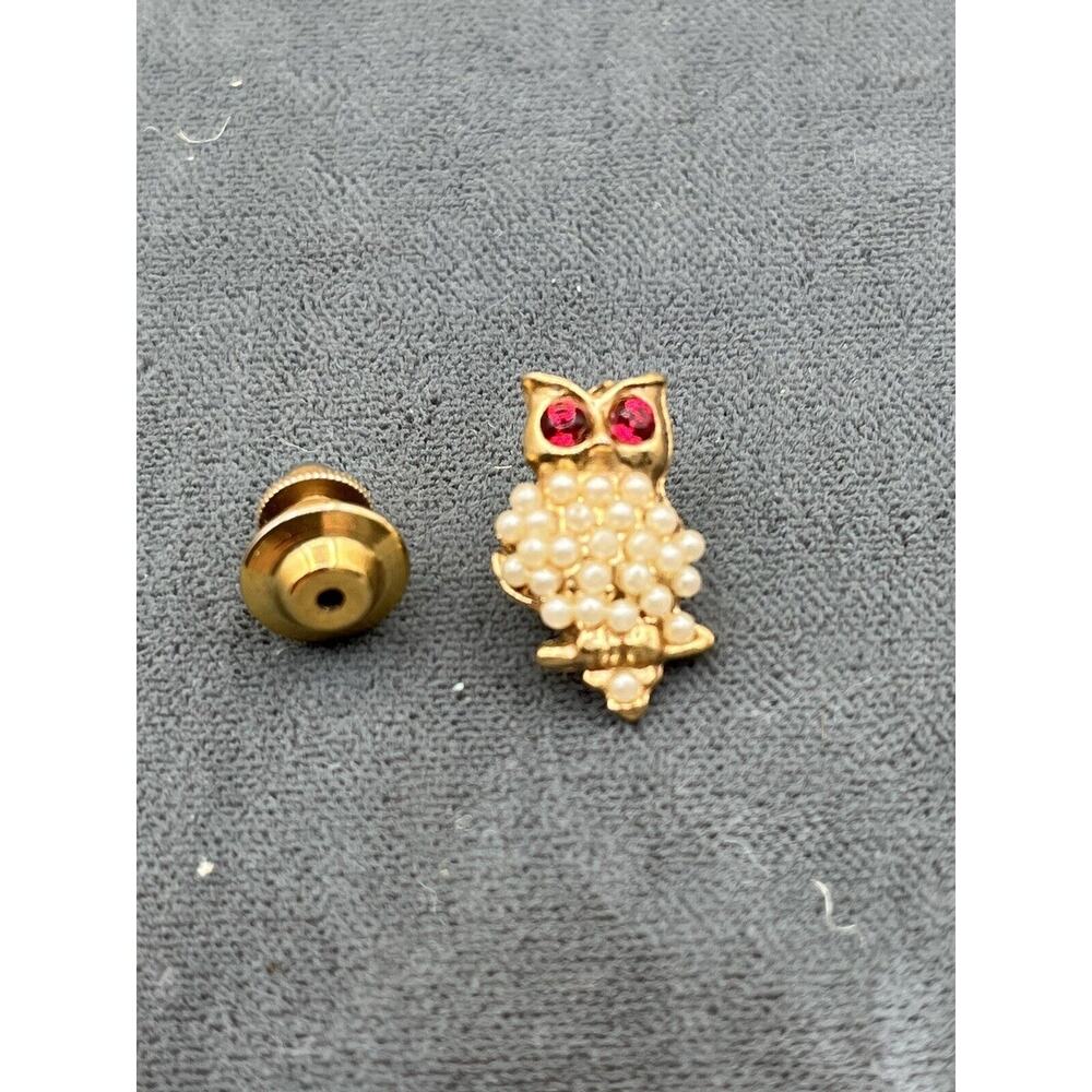 VTG Gold Tone Owl Brooch Pin Reds Glass Bead Eyes Pearl Bead Body Mini